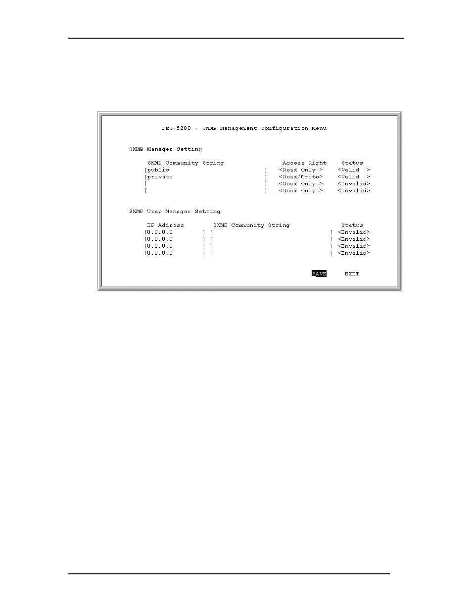 Snmp management configuration menu | D-Link DES-5200 User Manual | Page 78 / 144