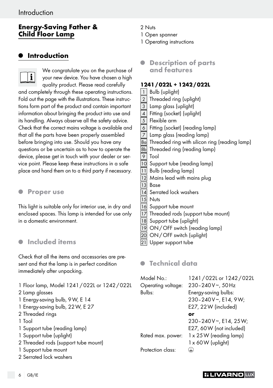 Introduction, Proper use, Included items | Description of parts and features, Technical data | Livarno 1241/022L User Manual | Page 6 / 13