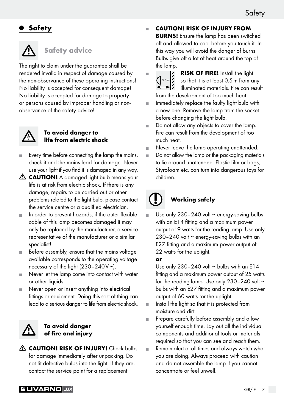 Safety, Safety safety advice | Livarno 1241/022L User Manual | Page 7 / 13