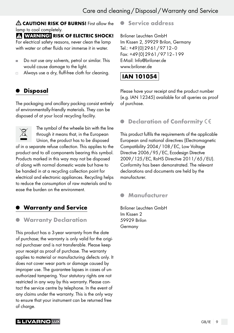 Disposal, Warranty and service warranty declaration, Service address | Declaration of conformity, Manufacturer | Livarno 1241/022L User Manual | Page 9 / 13