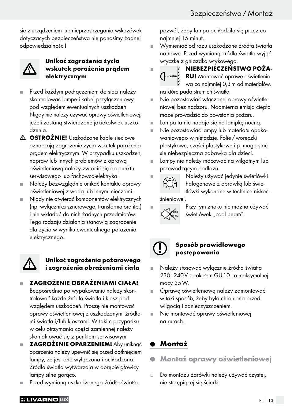 Bezpieczeństwo / montaż, Montaż, Montaż oprawy oświetleniowej | Livarno 2973-010E User Manual | Page 13 / 41