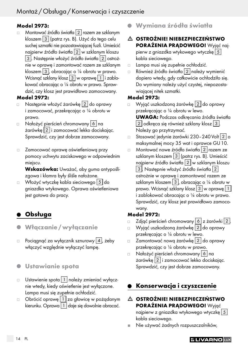 Montaż / obsługa / konserwacja i czyszczenie, Obsługa, Włączanie / wyłączanie | Ustawianie spota, Wymiana źródła światła, Konserwacja i czyszczenie | Livarno 2973-010E User Manual | Page 14 / 41