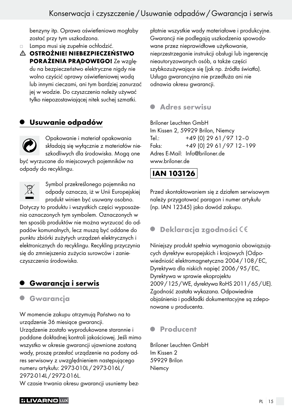 Usuwanie odpadów, Gwarancja i serwis, Gwarancja | Adres serwisu, Deklaracja zgodności, Producent | Livarno 2973-010E User Manual | Page 15 / 41