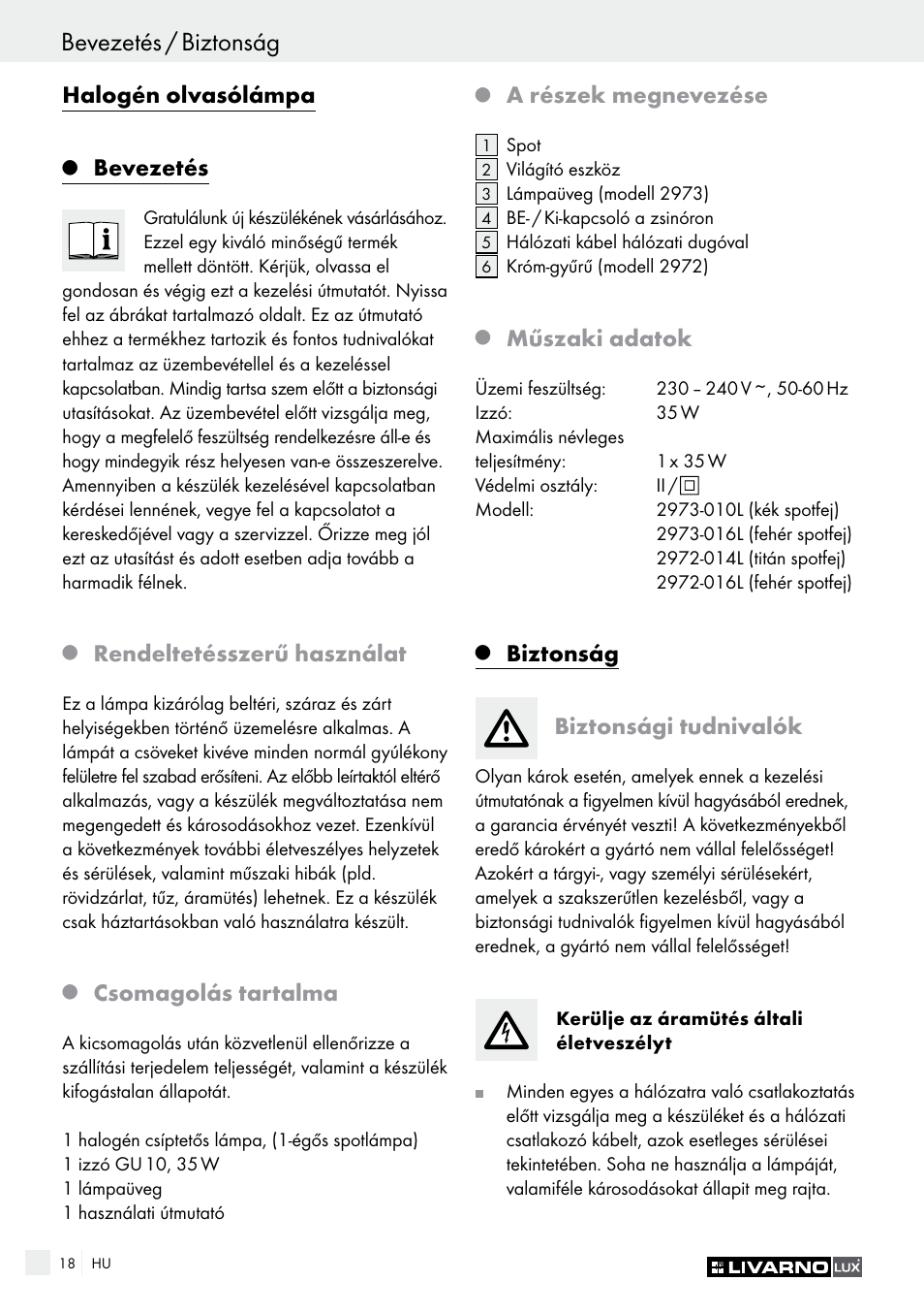 Bevezetés / biztonság, Halogén olvasólámpa, Bevezetés | Rendeltetésszerű használat, Csomagolás tartalma, A részek megnevezése, Műszaki adatok, Biztonság biztonsági tudnivalók | Livarno 2973-010E User Manual | Page 18 / 41