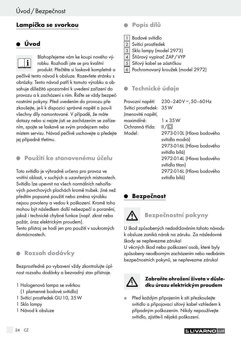 Úvod / bezpečnost, Lampička se svorkou, Úvod | Použití ke stanovenému účelu, Rozsah dodávky, Popis dílů, Technické údaje, Bezpečnost bezpečnostní pokyny | Livarno 2973-010E User Manual | Page 24 / 41