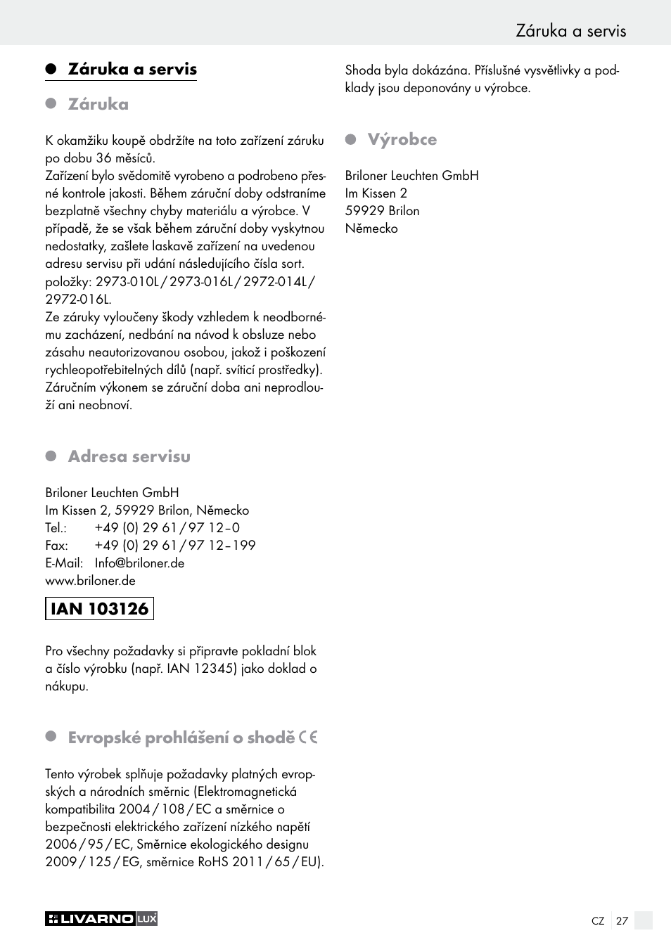 Záruka a servis, Záruka, Adresa servisu | Evropské prohlášení o shodě, Výrobce | Livarno 2973-010E User Manual | Page 27 / 41