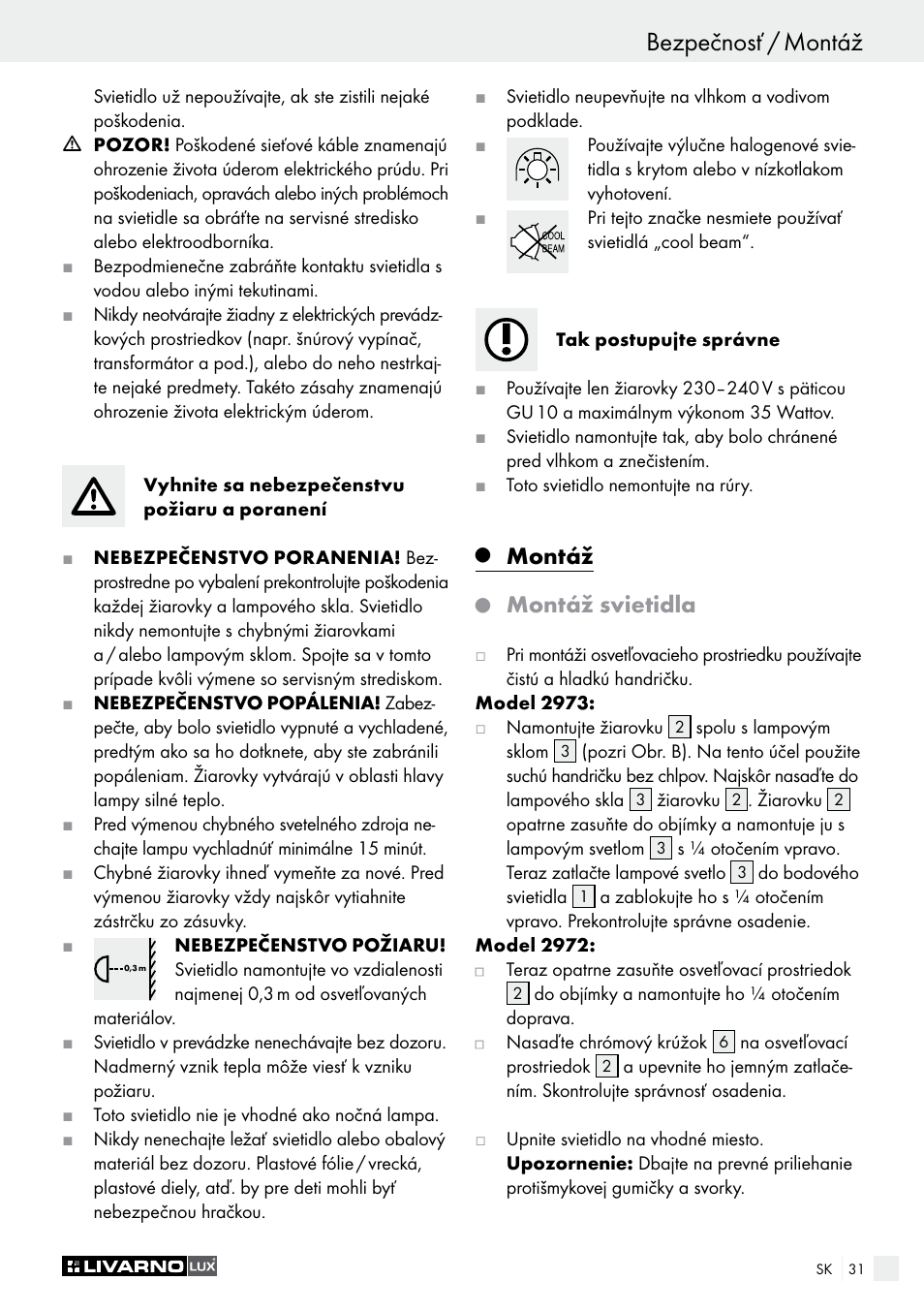 Bezpečnosť / montáž, Montáž, Montáž svietidla | Livarno 2973-010E User Manual | Page 31 / 41