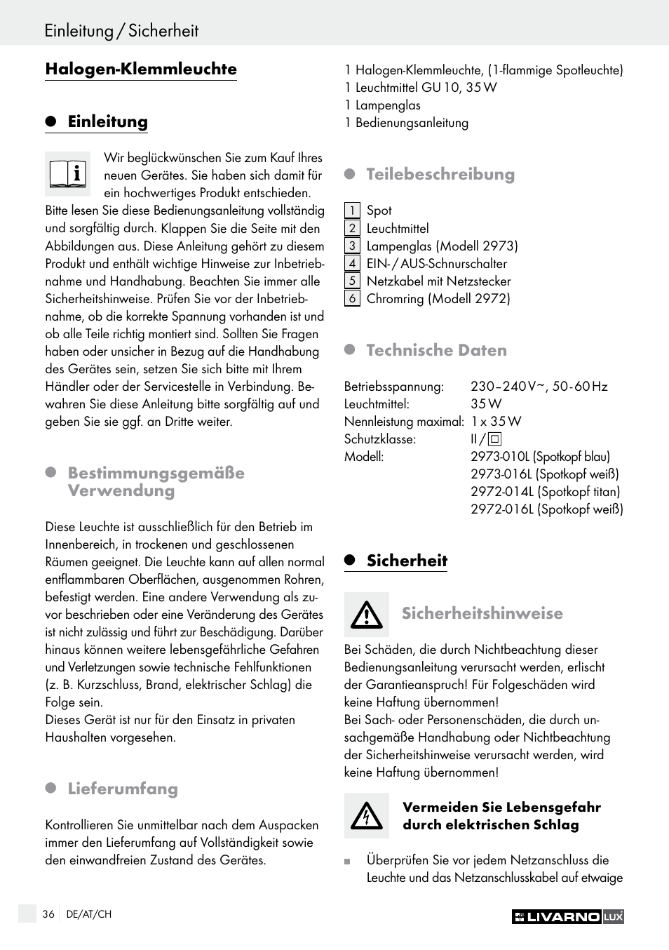 Einleitung / sicherheit, Halogen-klemmleuchte, Einleitung | Bestimmungsgemäße verwendung, Lieferumfang, Teilebeschreibung, Technische daten, Sicherheit sicherheitshinweise | Livarno 2973-010E User Manual | Page 36 / 41