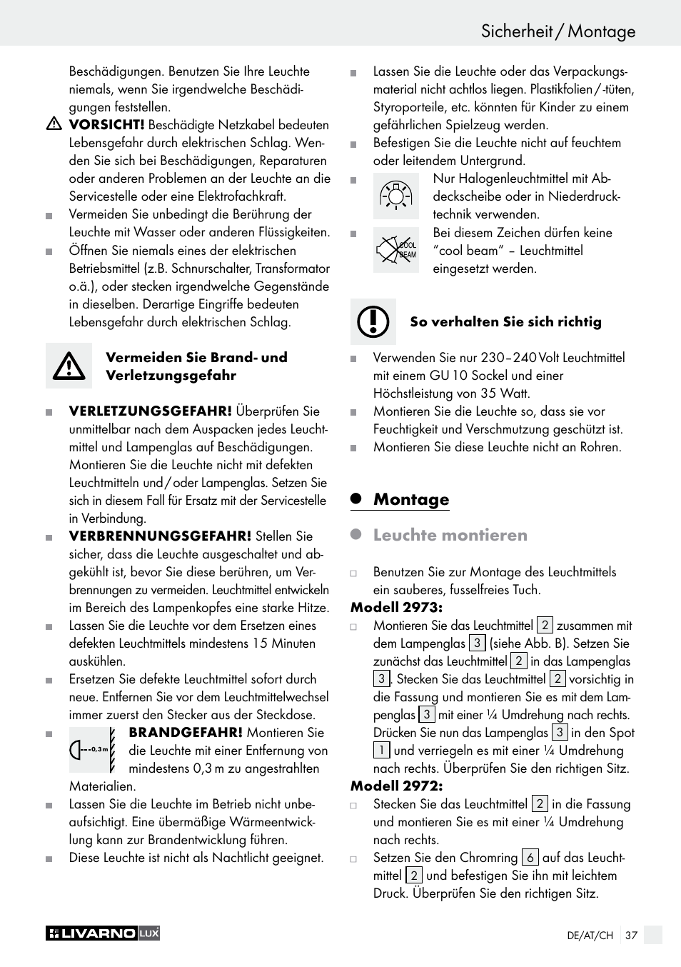Sicherheit / montage, Montage, Leuchte montieren | Livarno 2973-010E User Manual | Page 37 / 41