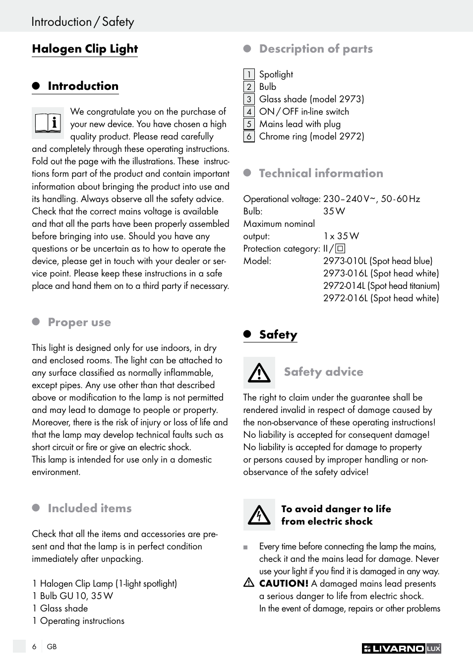 Introduction / safety, Halogen clip light, Introduction | Proper use, Included items, Description of parts, Technical information, Safety, Safety advice | Livarno 2973-010E User Manual | Page 6 / 41