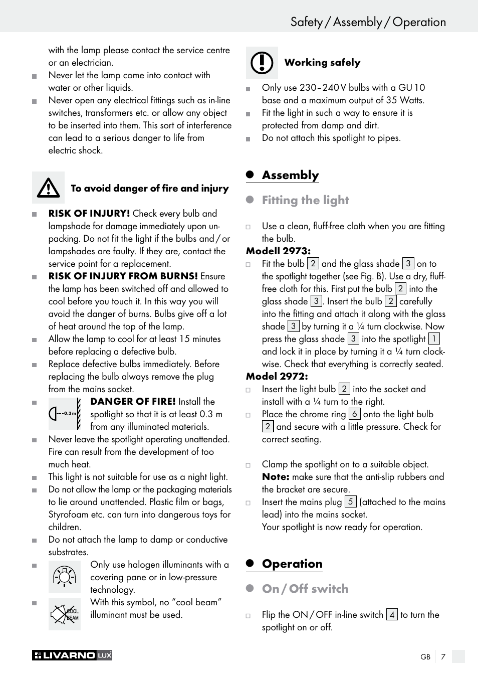 Safety / assembly / operation, Assembly, Fitting the light | Operation, On / off switch | Livarno 2973-010E User Manual | Page 7 / 41