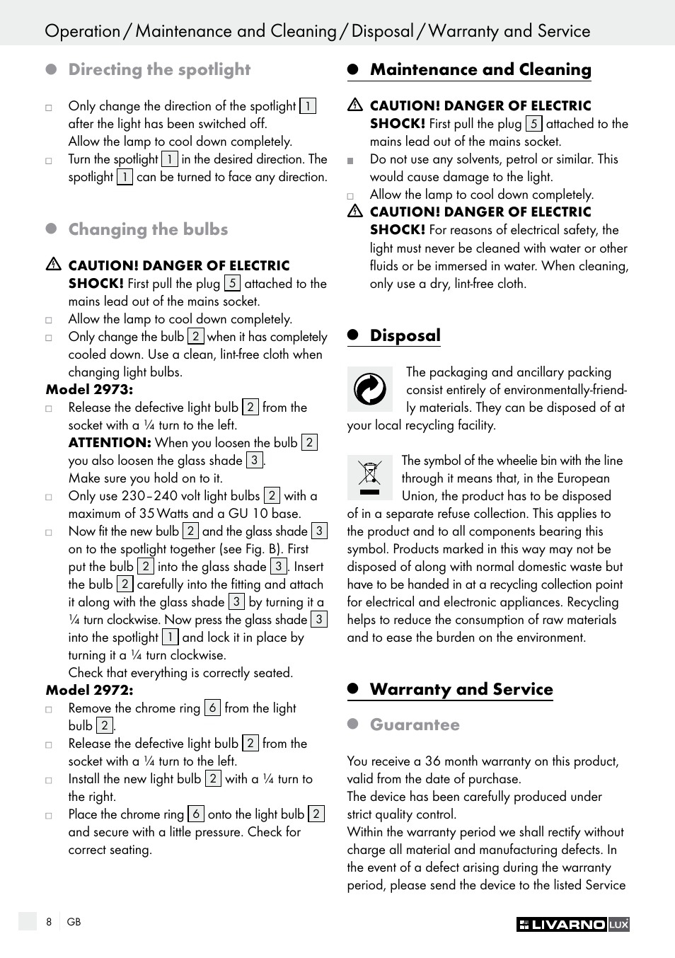 Directing the spotlight, Changing the bulbs, Maintenance and cleaning | Disposal, Warranty and service, Guarantee | Livarno 2973-010E User Manual | Page 8 / 41