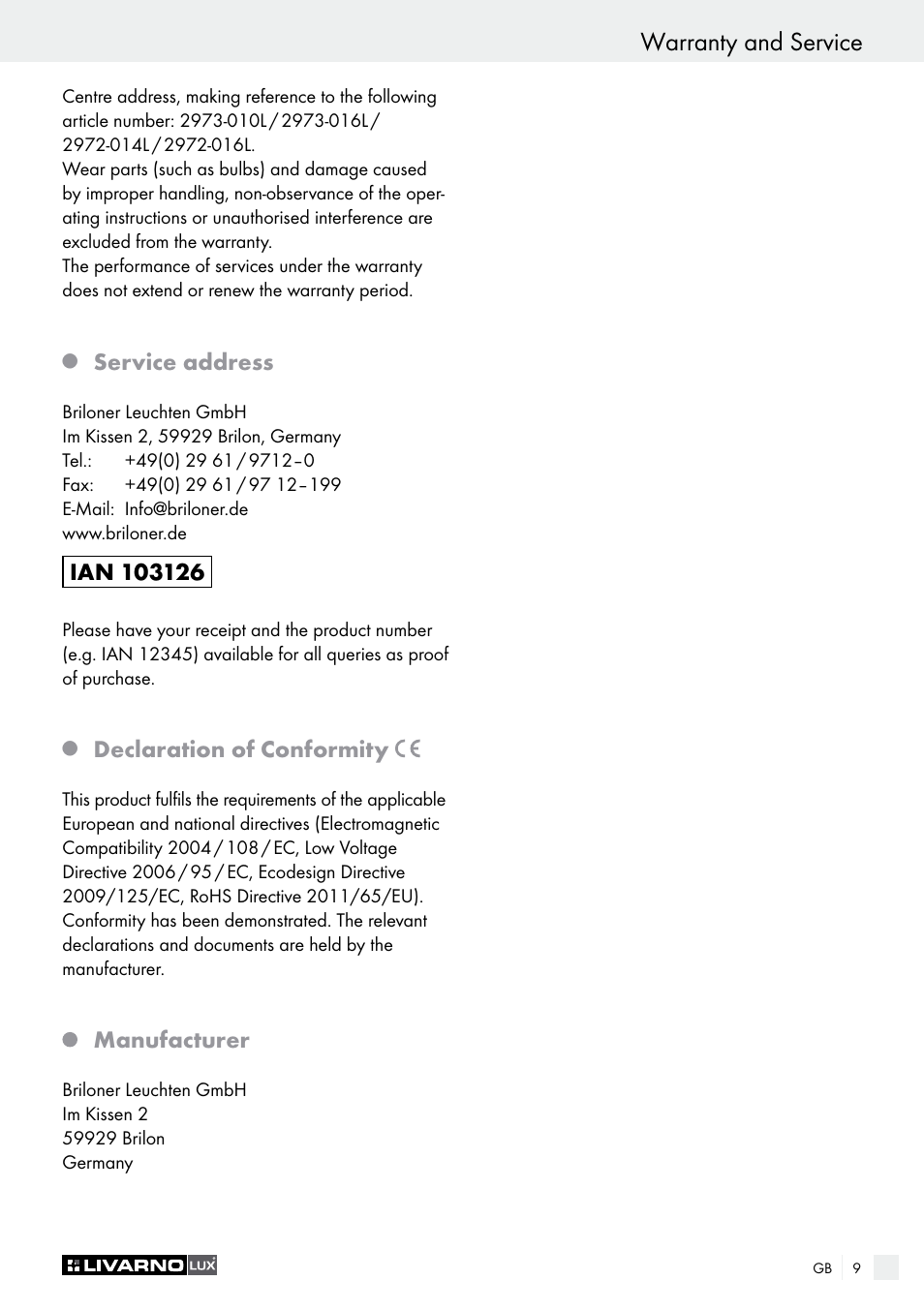 Warranty and service, Service address, Declaration of conformity | Manufacturer | Livarno 2973-010E User Manual | Page 9 / 41