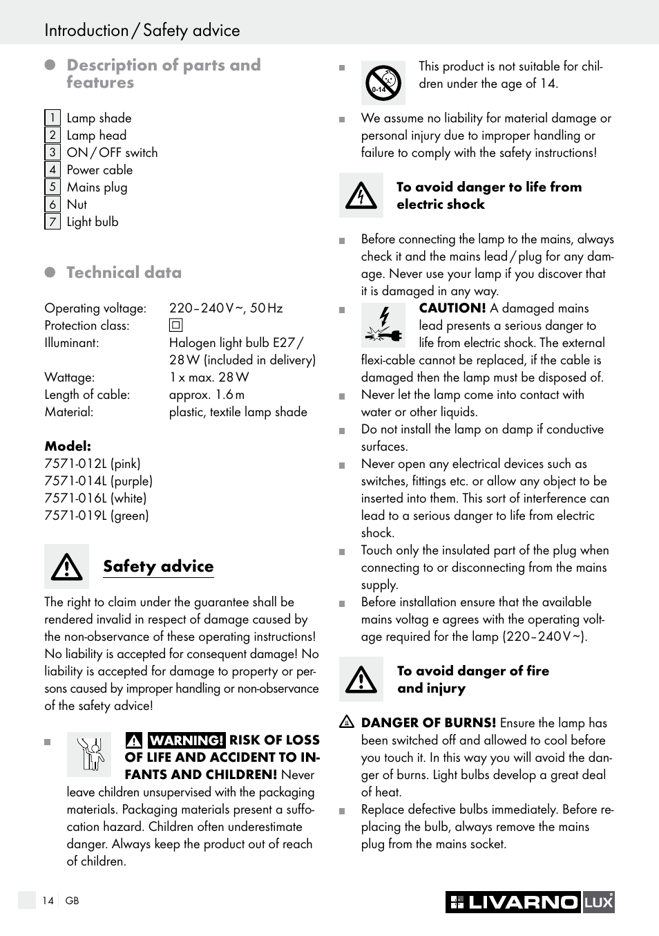 Introduction / safety advice, Description of parts and features, Technical data | Safety advice | Livarno 7571-01хL User Manual | Page 14 / 17