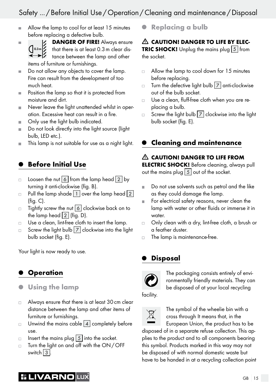 Before initial use, Operation using the lamp, Replacing a bulb | Cleaning and maintenance, Disposal | Livarno 7571-01хL User Manual | Page 15 / 17