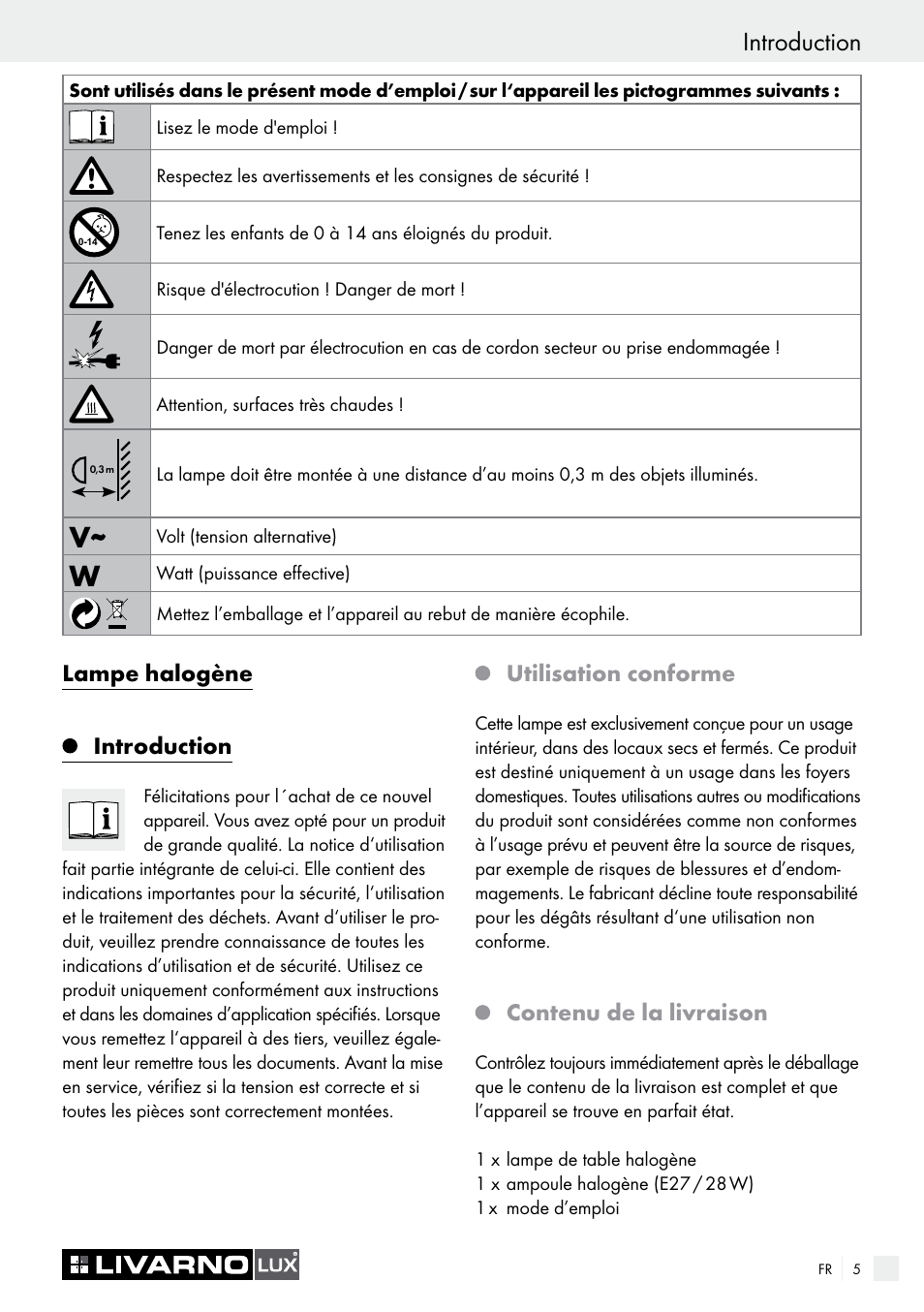 Introduction, Lampe halogène introduction, Utilisation conforme | Contenu de la livraison | Livarno 7571-01хL User Manual | Page 5 / 17