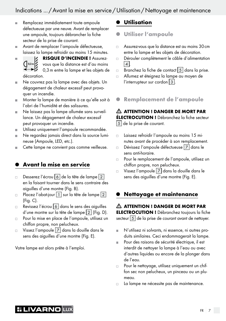 Avant la mise en service, Utilisation utiliser l‘ampoule, Remplacement de l’ampoule | Nettoyage et maintenance | Livarno 7571-01хL User Manual | Page 7 / 17