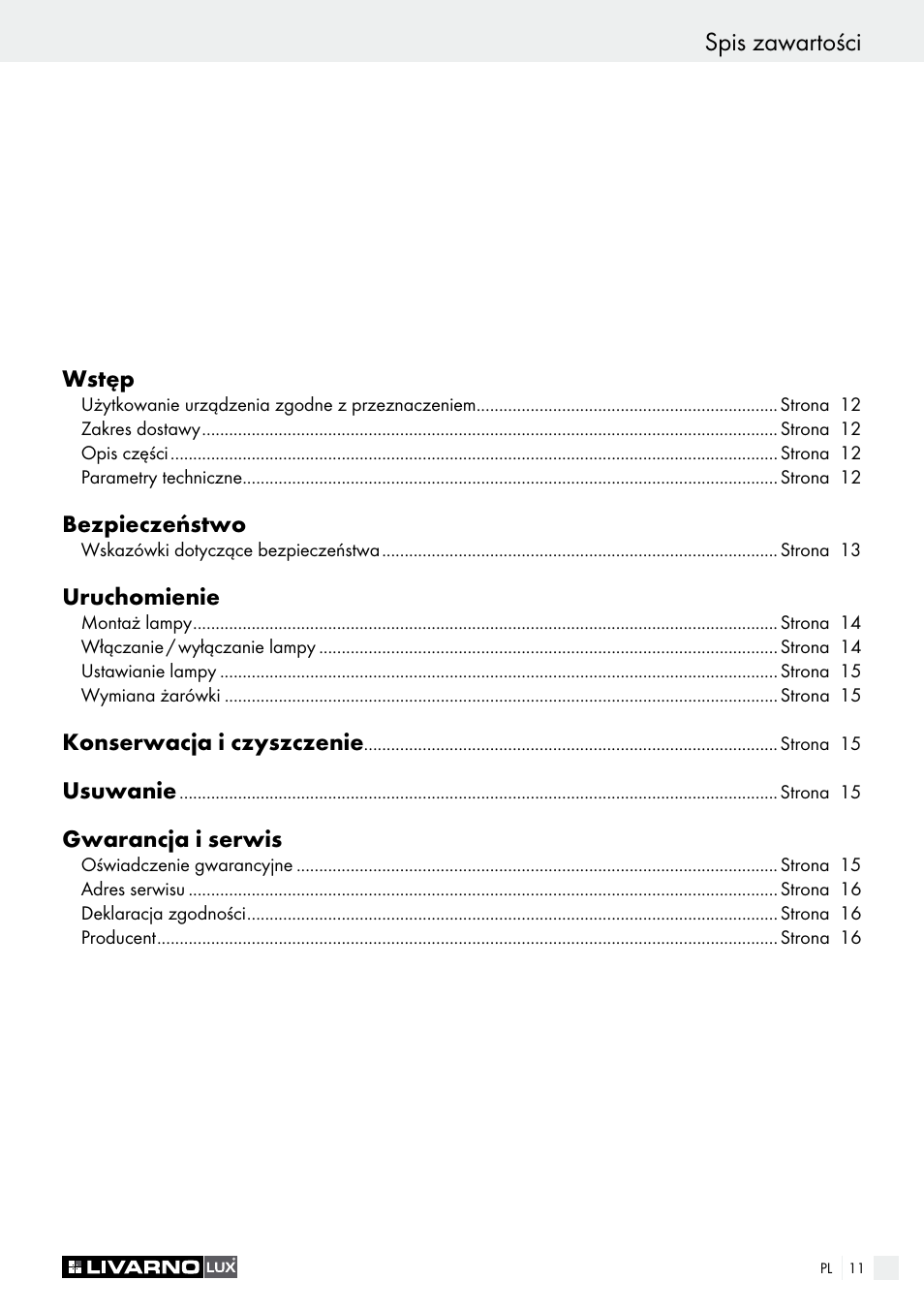 Spis zawartości | Livarno 1241/022L User Manual | Page 11 / 41