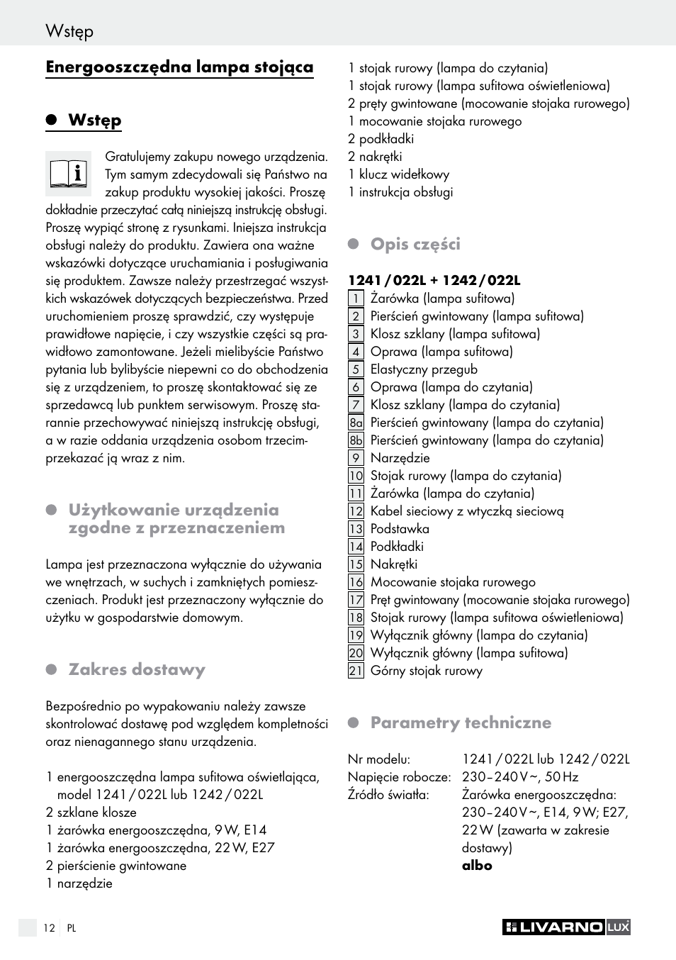Wstęp, Energooszczędna lampa stojąca wstęp, Użytkowanie urządzenia zgodne z przeznaczeniem | Zakres dostawy, Opis części, Parametry techniczne | Livarno 1241/022L User Manual | Page 12 / 41