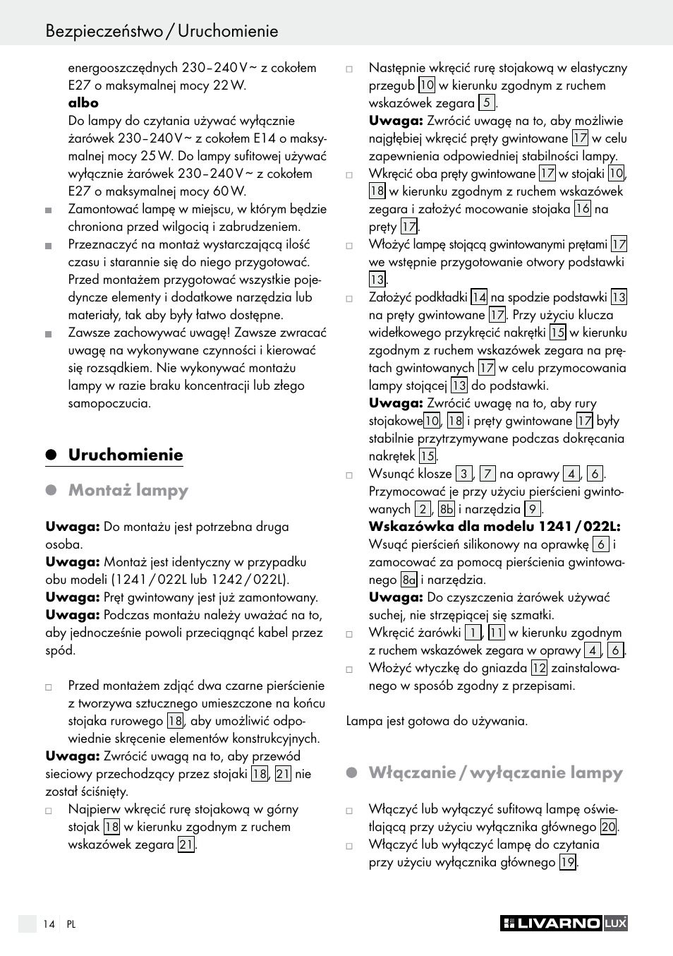 Bezpieczeństwo / uruchomienie, Uruchomienie montaż lampy, Włączanie / wyłączanie lampy | Livarno 1241/022L User Manual | Page 14 / 41