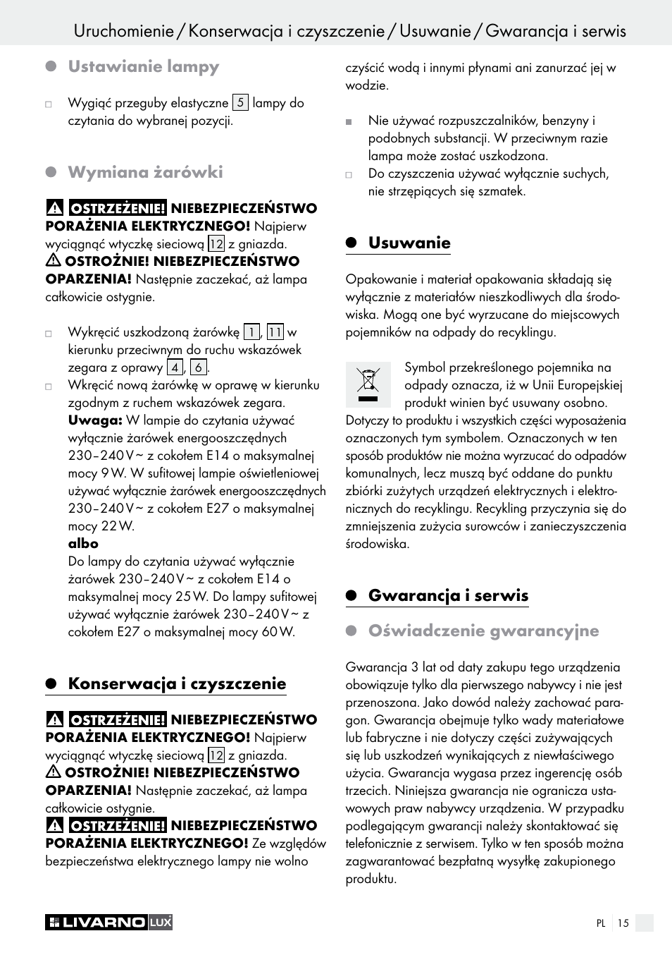 Ustawianie lampy, Wymiana żarówki, Konserwacja i czyszczenie | Usuwanie, Gwarancja i serwis oświadczenie gwarancyjne | Livarno 1241/022L User Manual | Page 15 / 41