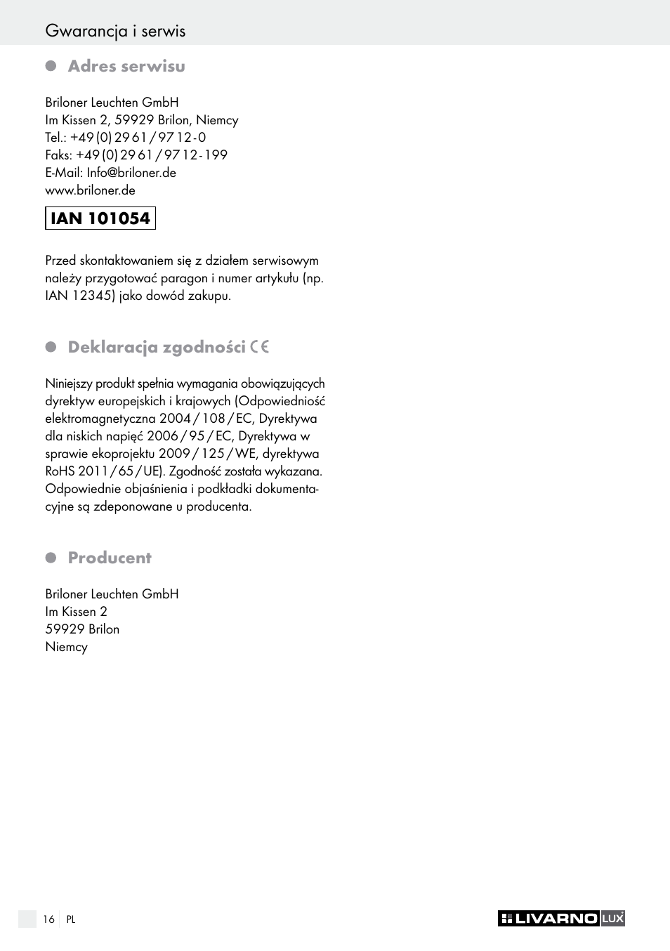 Gwarancja i serwis | Livarno 1241/022L User Manual | Page 16 / 41