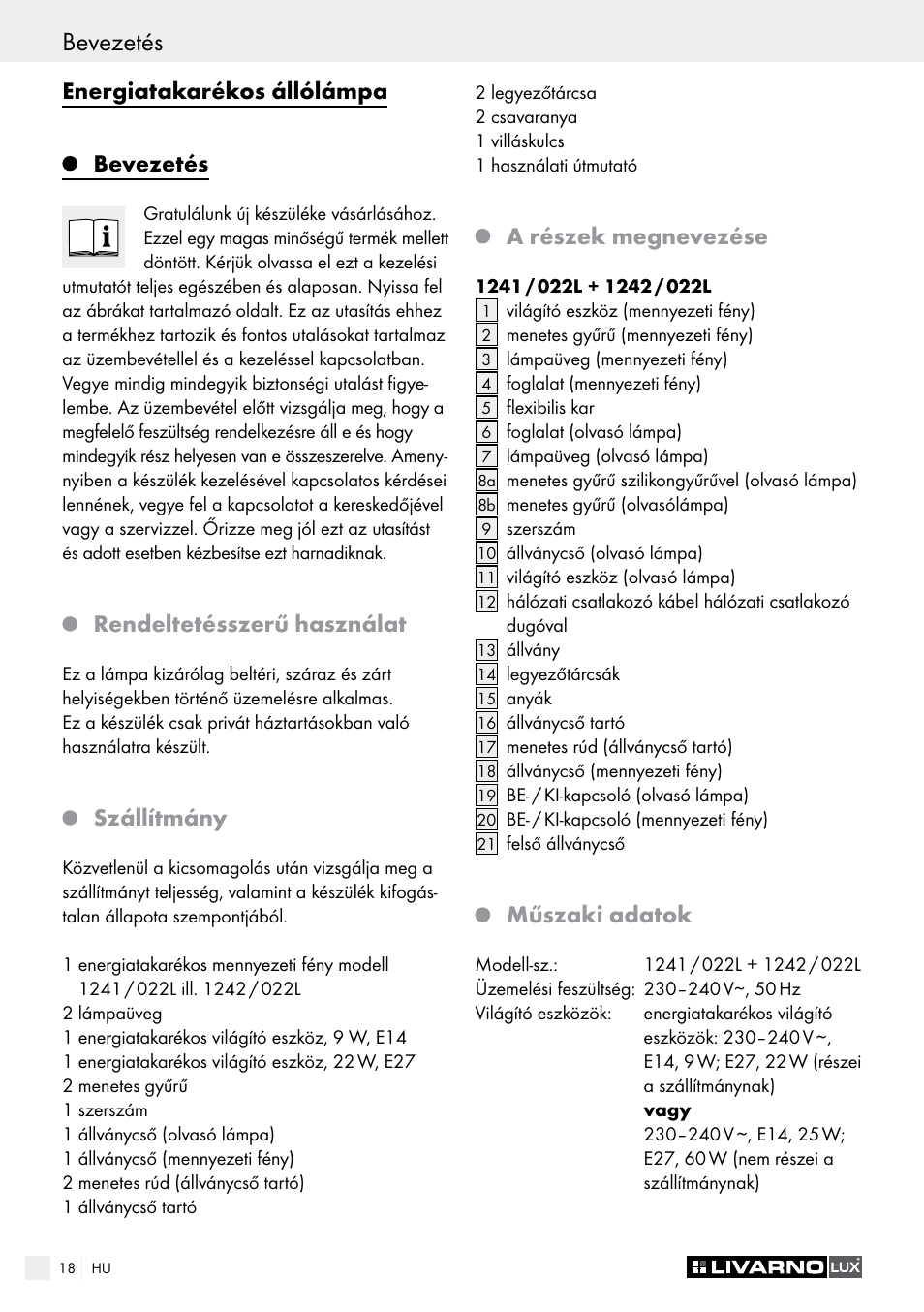 Bevezetés, Energiatakarékos állólámpa bevezetés, Rendeltetésszerű használat | Szállítmány, A részek megnevezése, Műszaki adatok | Livarno 1241/022L User Manual | Page 18 / 41