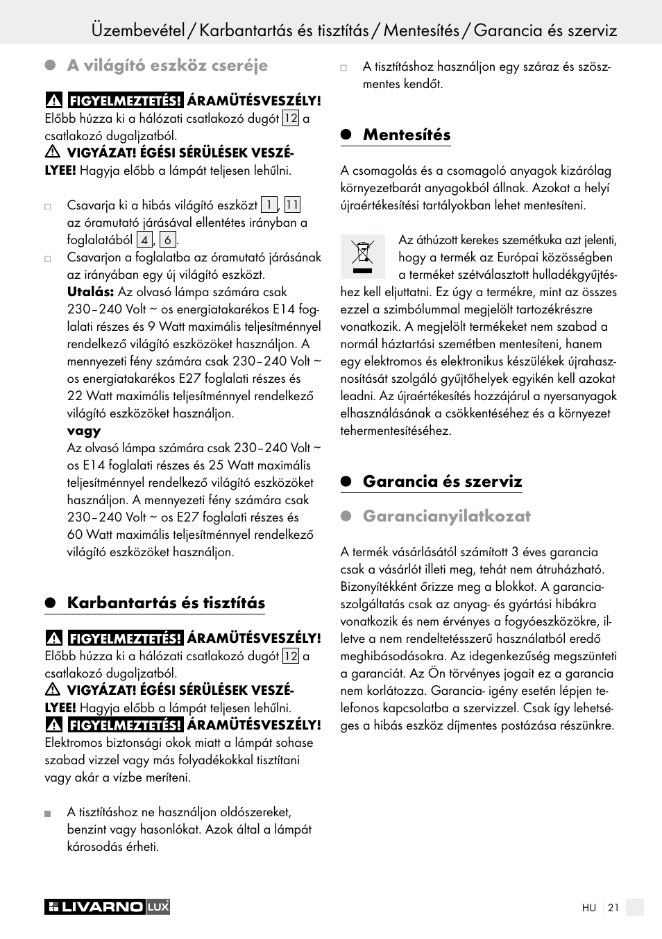 A világító eszköz cseréje, Karbantartás és tisztítás, Mentesítés | Garancia és szerviz garancianyilatkozat | Livarno 1241/022L User Manual | Page 21 / 41