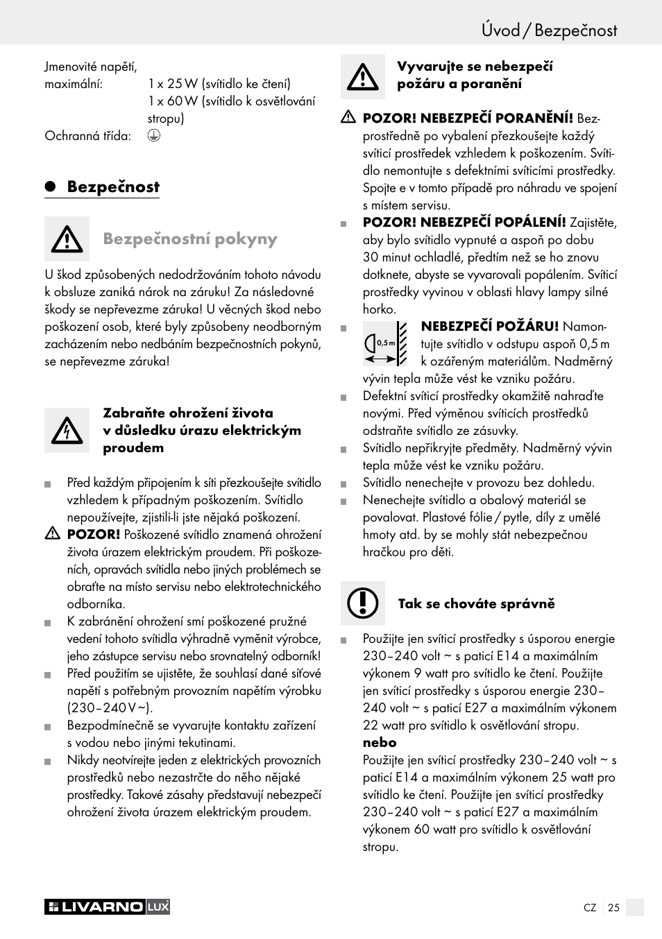 Úvod / bezpečnost, Bezpečnost bezpečnostní pokyny | Livarno 1241/022L User Manual | Page 25 / 41