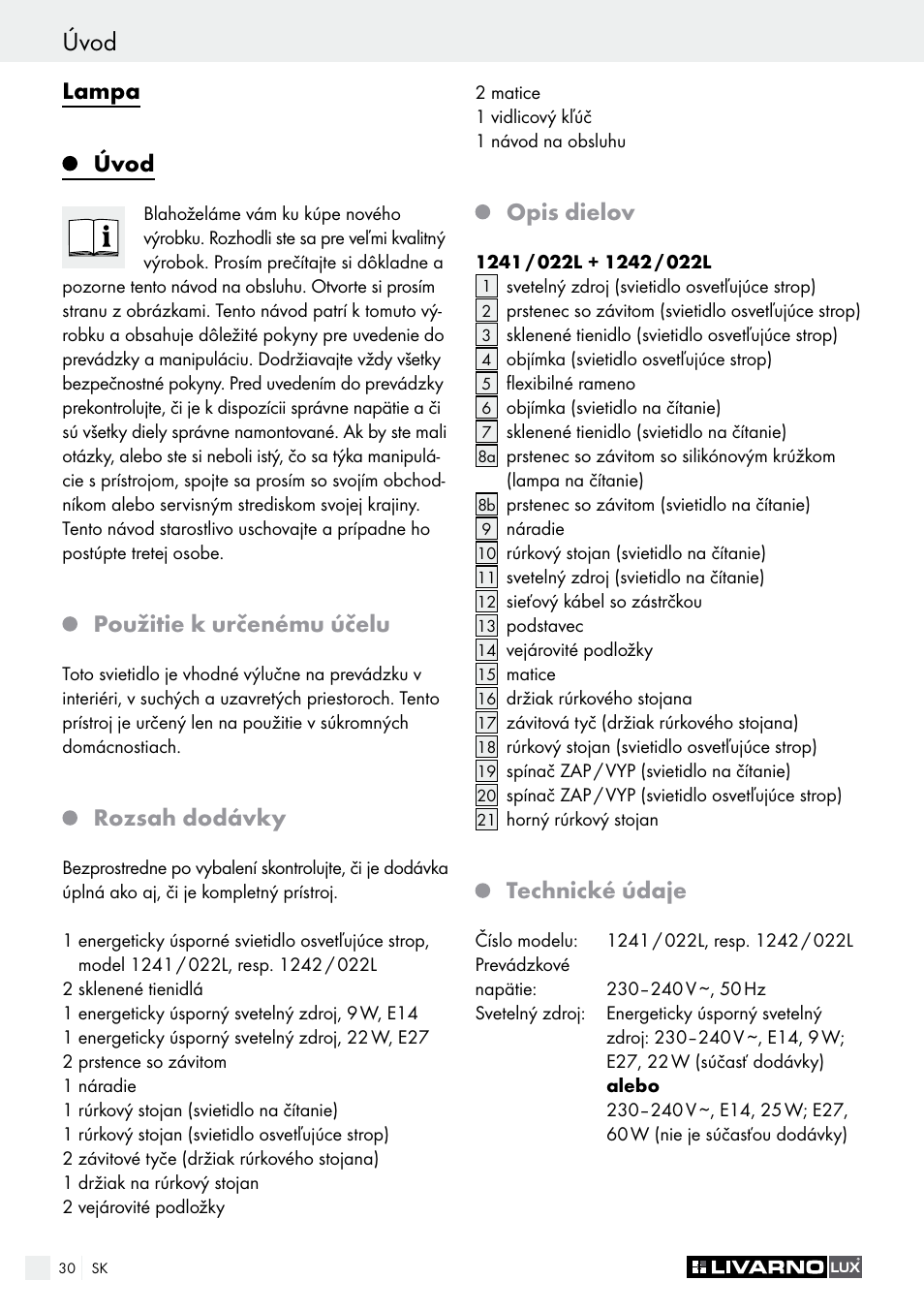 Úvod, Lampa úvod, Použitie k určenému účelu | Rozsah dodávky, Opis dielov, Technické údaje | Livarno 1241/022L User Manual | Page 30 / 41