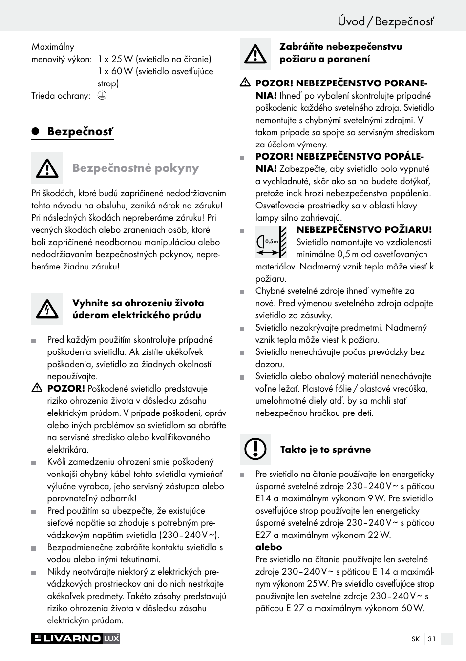 Úvod / bezpečnosť, Bezpečnosť bezpečnostné pokyny | Livarno 1241/022L User Manual | Page 31 / 41