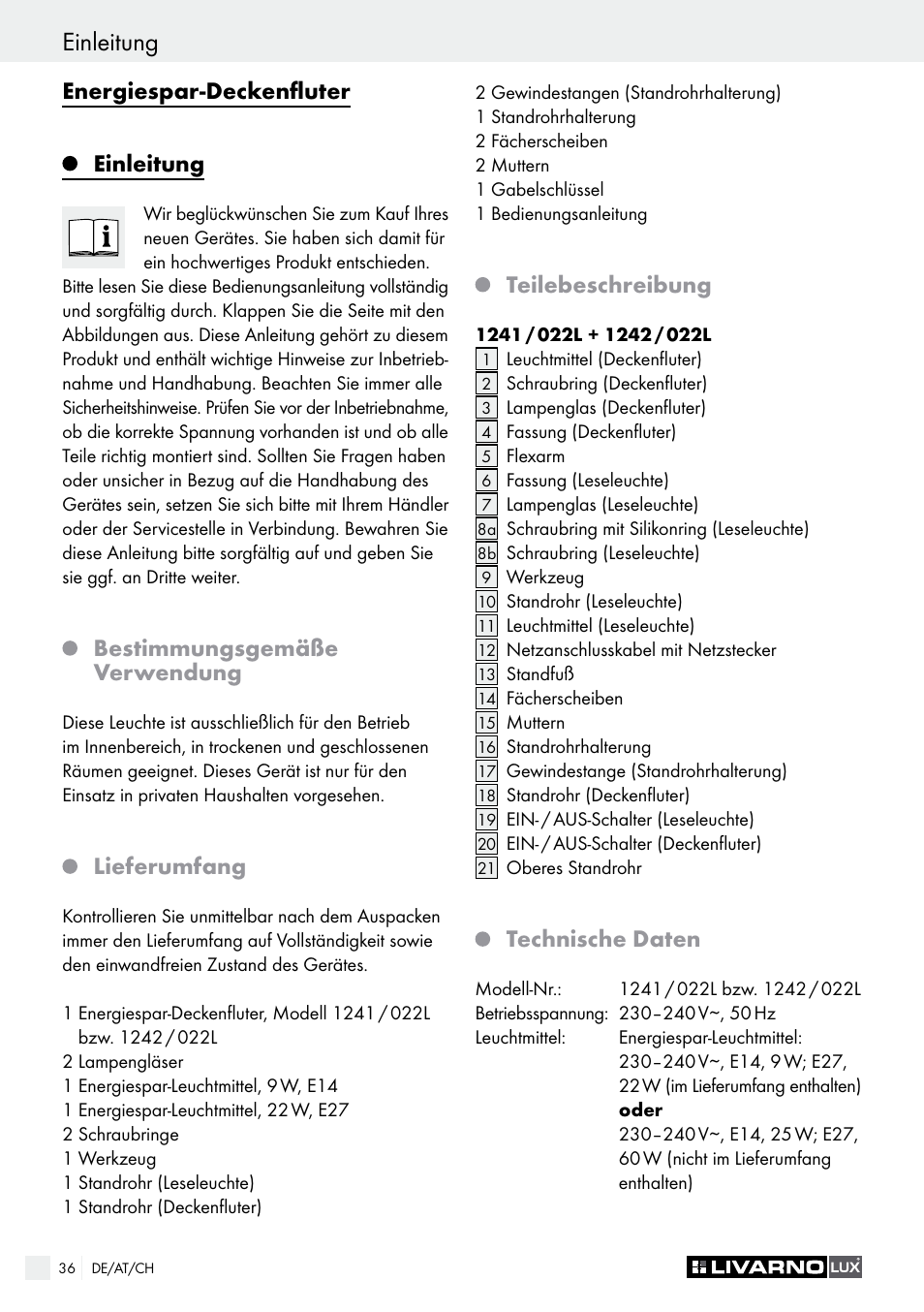 Einleitung, Energiespar-deckenfluter einleitung, Bestimmungsgemäße verwendung | Lieferumfang, Teilebeschreibung, Technische daten | Livarno 1241/022L User Manual | Page 36 / 41