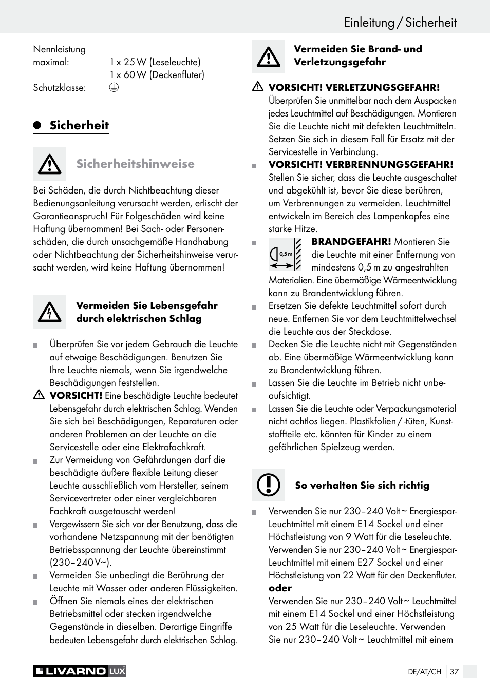 Einleitung / sicherheit, Sicherheit sicherheitshinweise | Livarno 1241/022L User Manual | Page 37 / 41