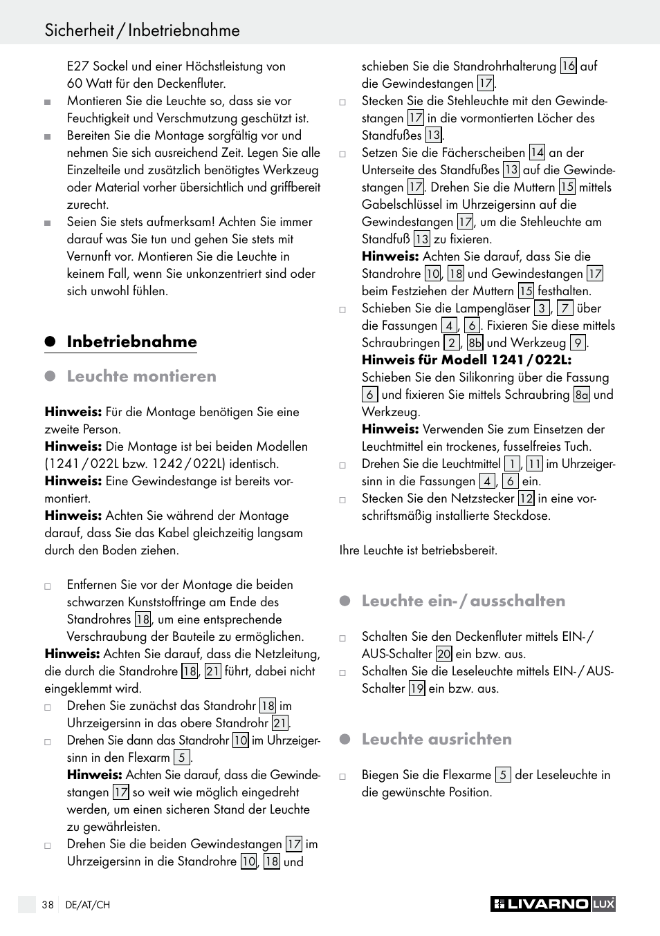 Sicherheit / inbetriebnahme, Inbetriebnahme leuchte montieren, Leuchte ein- / ausschalten | Leuchte ausrichten | Livarno 1241/022L User Manual | Page 38 / 41