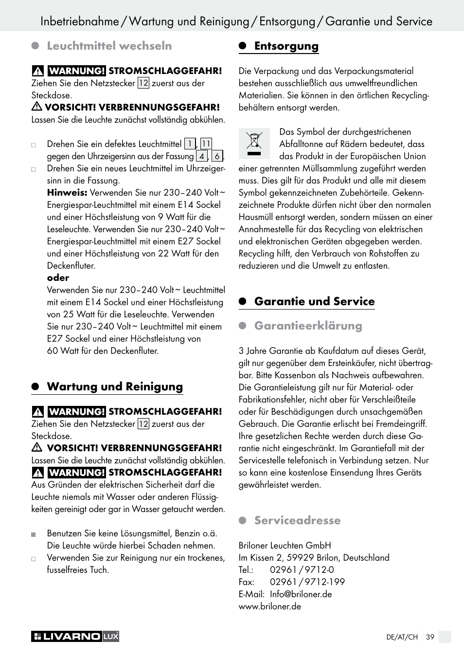 Leuchtmittel wechseln, Wartung und reinigung, Entsorgung | Garantie und service garantieerklärung, Serviceadresse | Livarno 1241/022L User Manual | Page 39 / 41