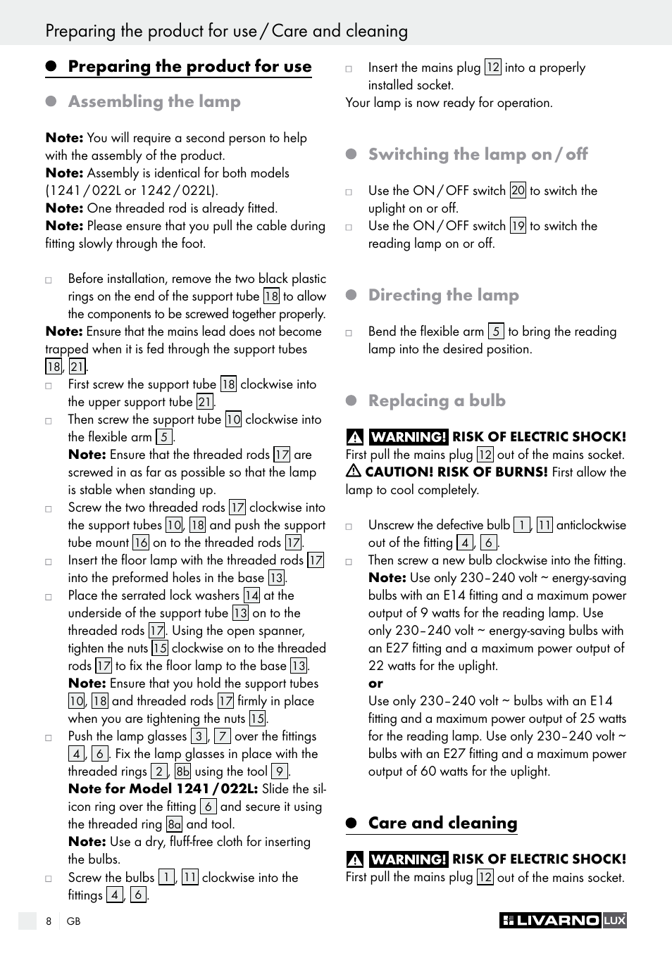 Preparing the product for use / care and cleaning, Preparing the product for use assembling the lamp, Switching the lamp on / off | Directing the lamp, Replacing a bulb, Care and cleaning | Livarno 1241/022L User Manual | Page 8 / 41