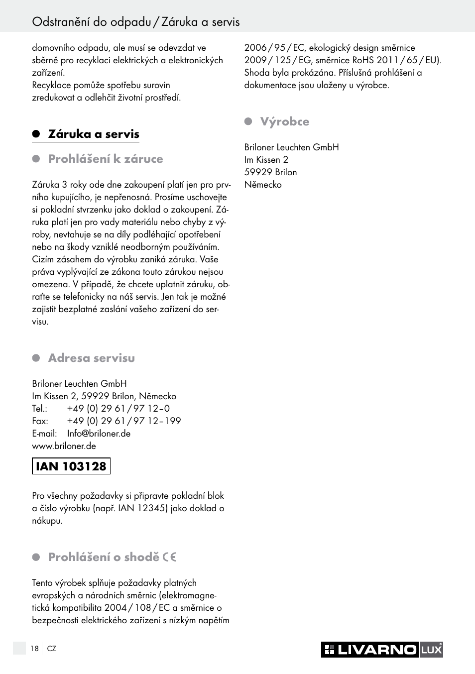 Odstranění do odpadu / záruka a servis | Livarno 7571-01хL User Manual | Page 18 / 29