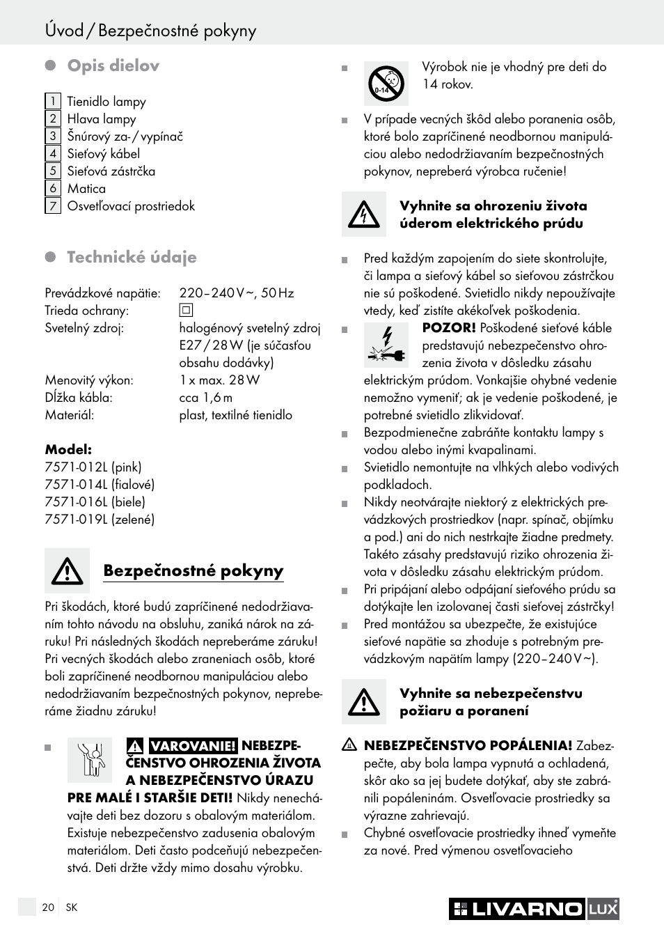 Úvod / bezpečnostné pokyny, Opis dielov, Technické údaje | Bezpečnostné pokyny | Livarno 7571-01хL User Manual | Page 20 / 29