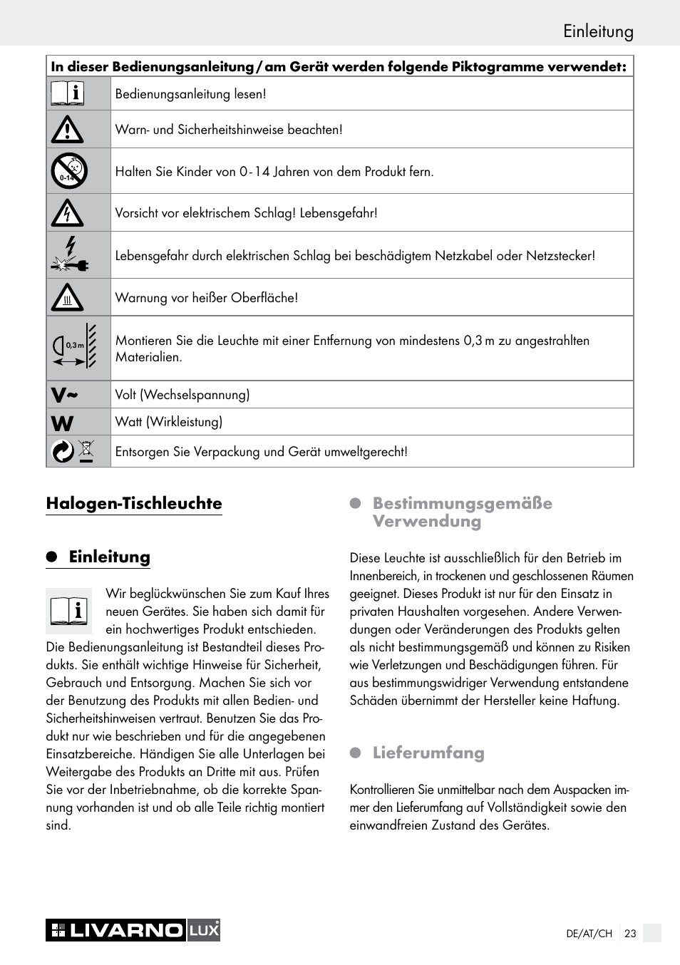 Einleitung, Halogen-tischleuchte einleitung, Bestimmungsgemäße verwendung | Lieferumfang | Livarno 7571-01хL User Manual | Page 23 / 29