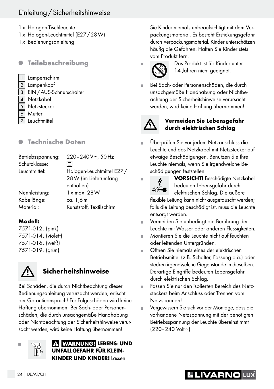 Einleitung / sicherheitshinweise, Teilebeschreibung, Technische daten | Sicherheitshinweise | Livarno 7571-01хL User Manual | Page 24 / 29