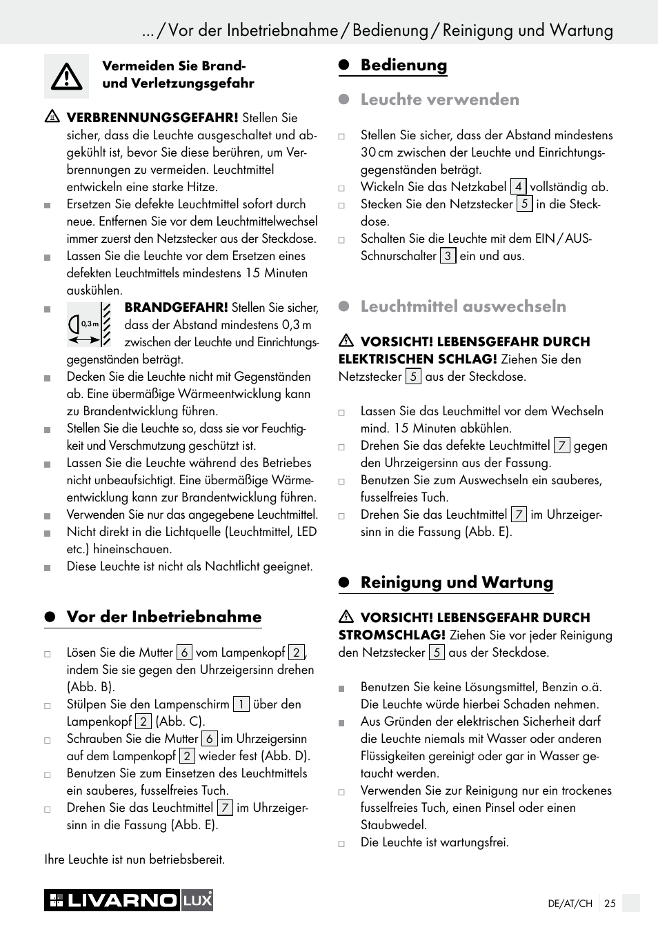 Vor der inbetriebnahme, Bedienung leuchte verwenden, Leuchtmittel auswechseln | Reinigung und wartung | Livarno 7571-01хL User Manual | Page 25 / 29