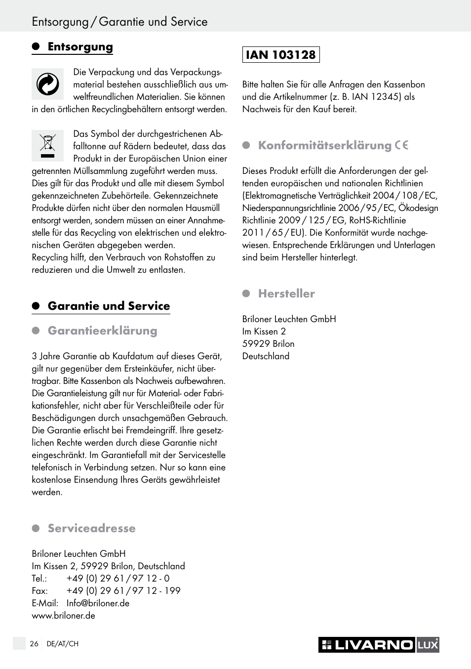 Entsorgung / garantie und service | Livarno 7571-01хL User Manual | Page 26 / 29