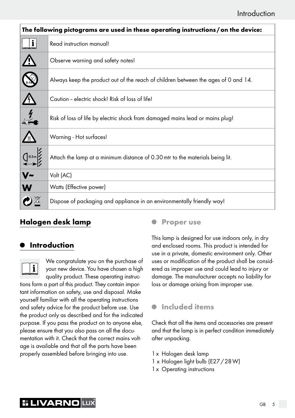 Introduction, Halogen desk lamp, Proper use | Included items | Livarno 7571-01хL User Manual | Page 5 / 29