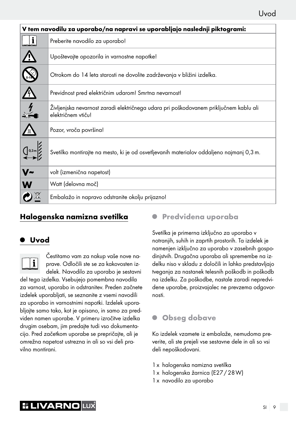 Uvod, Halogenska namizna svetilka uvod, Predvidena uporaba | Obseg dobave | Livarno 7571-01хL User Manual | Page 9 / 29