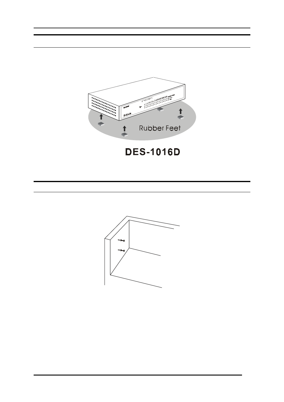 Desktop or shelf installation, Wall installation, Esktop or | Helf, Nstallation | D-Link DES-1016D User Manual | Page 12 / 26