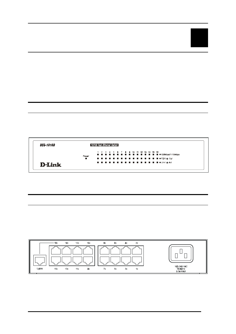 Identifying external components, Front panel, Rear panel | Ront, Anel, Dentifying, Xternal, Omponents | D-Link DES-1016D User Manual | Page 14 / 26