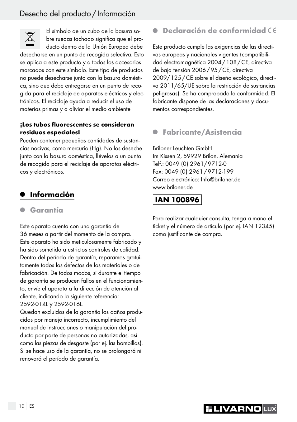 Desecho del producto / información, Información, Garantía | Declaración de conformidad, Fabricante/asistencia | Livarno 2592-014L or 2592-016L User Manual | Page 10 / 37