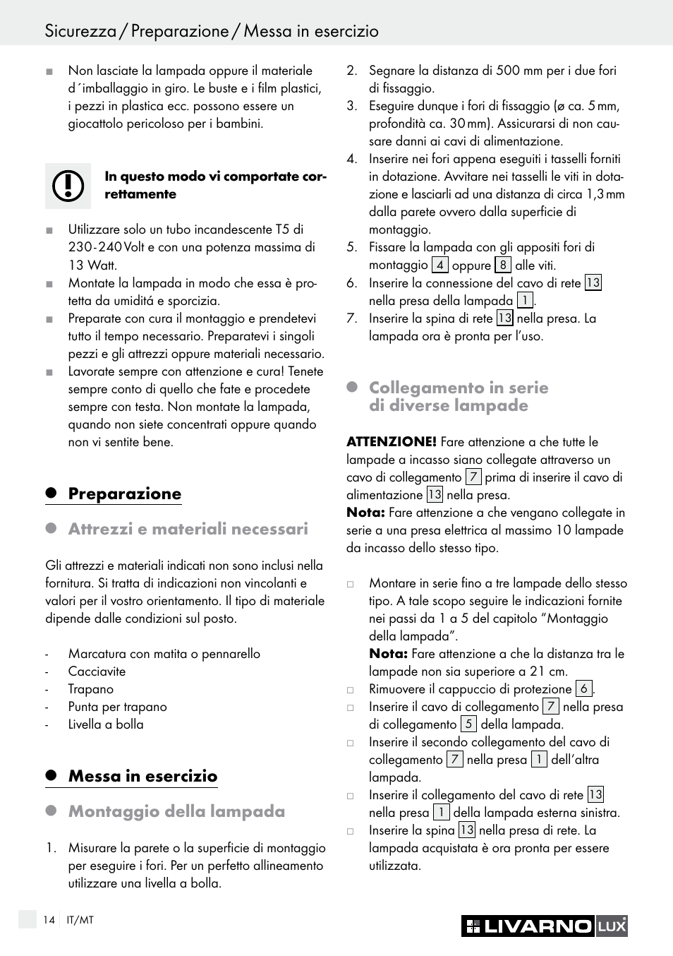 Sicurezza / preparazione / messa in esercizio, Preparazione, Attrezzi e materiali necessari | Messa in esercizio, Montaggio della lampada, Collegamento in serie di diverse lampade | Livarno 2592-014L or 2592-016L User Manual | Page 14 / 37