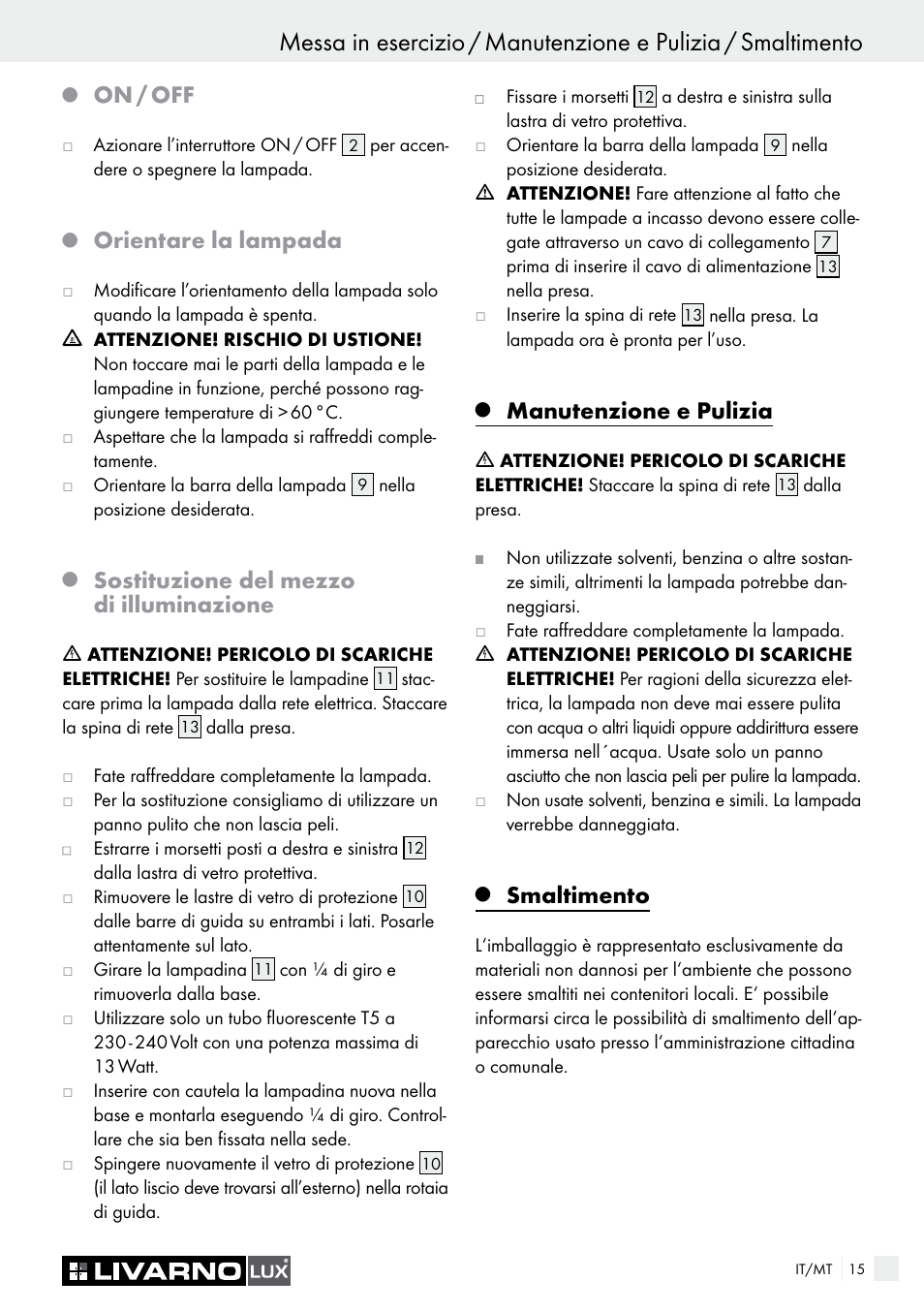 On / off, Orientare la lampada, Sostituzione del mezzo di illuminazione | Manutenzione e pulizia, Smaltimento | Livarno 2592-014L or 2592-016L User Manual | Page 15 / 37