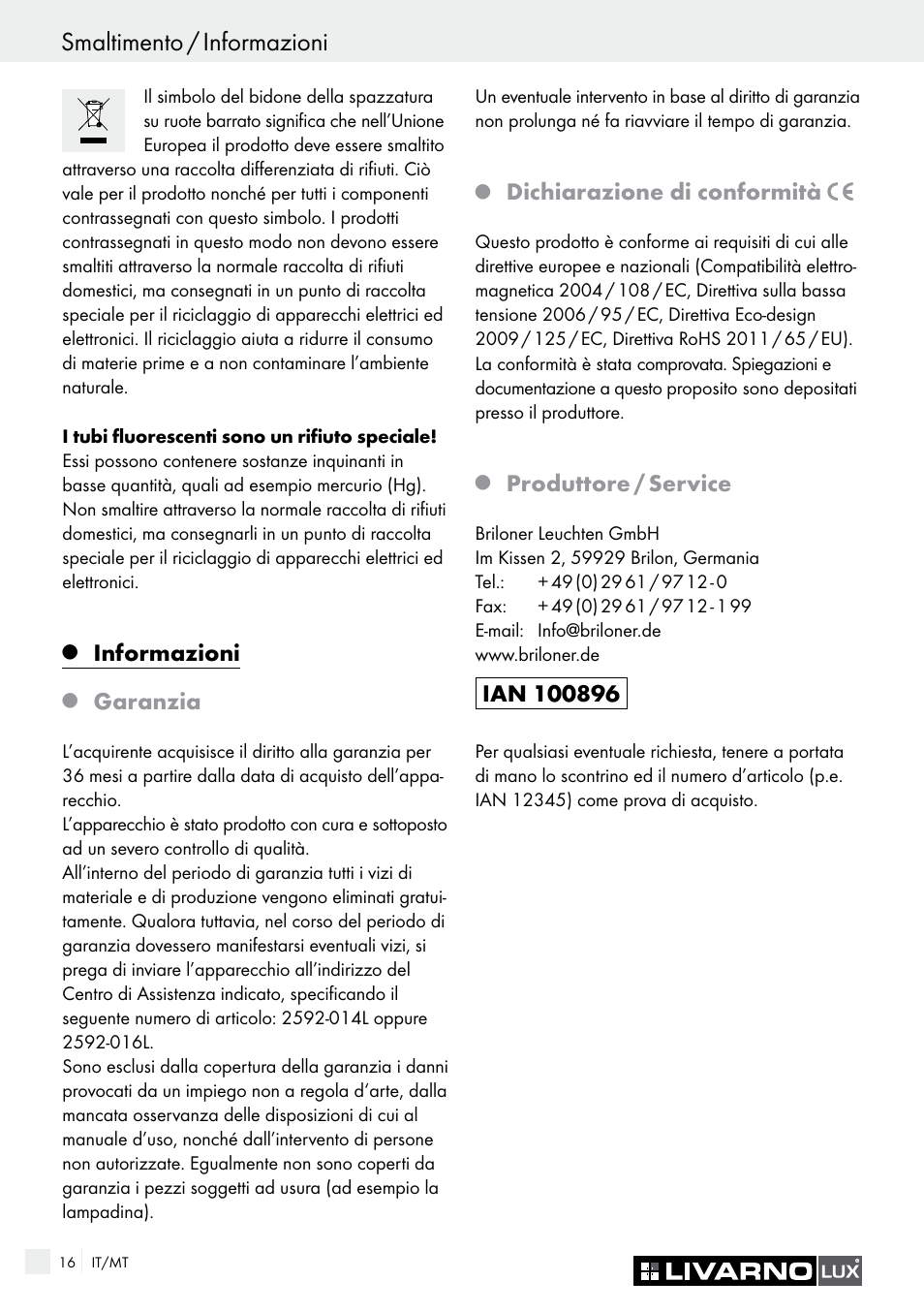 Smaltimento / informazioni, Informazioni, Garanzia | Dichiarazione di conformità, Produttore / service | Livarno 2592-014L or 2592-016L User Manual | Page 16 / 37